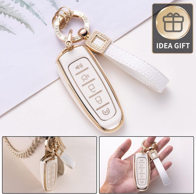 CACARLIKE for Ford Key Fob Cover with Leather Lanyard, Car Key Fob Case Compatible with Ford CMAX Edge Escape Expedition Explorer Flex Focus Taurus Lincoln Smart Key Protector Holder - Image 4